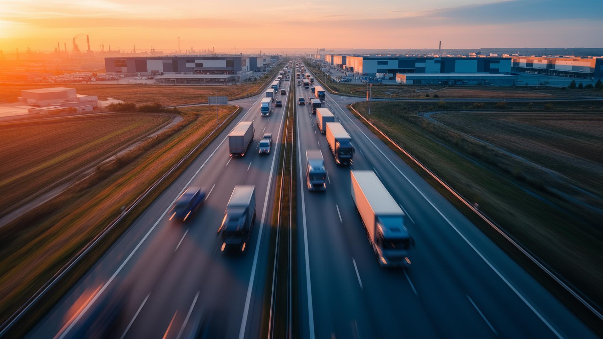 Trucks on highway proving transport services in Gujarat and Maharashtra